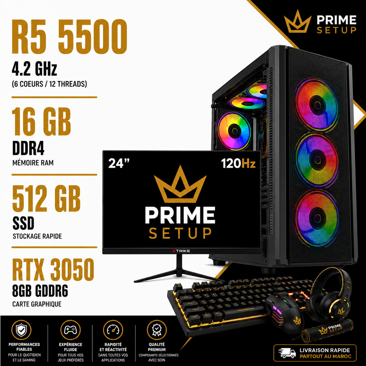 Setup Complet PC Gamer Ryzen 5 5500 / 16GB / 512GB SSD / RTX 3050 8GB