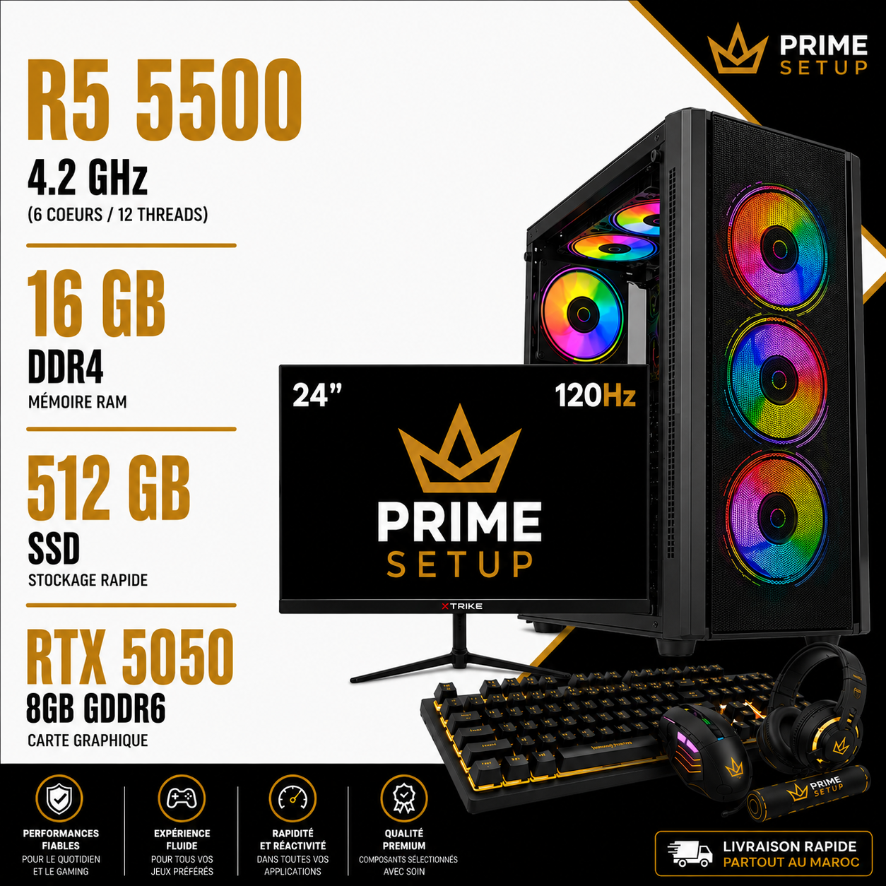 Setup Complet PC Gamer Ryzen 5 5500 / 16GB / 512GB SSD / RTX 5050 8Gb