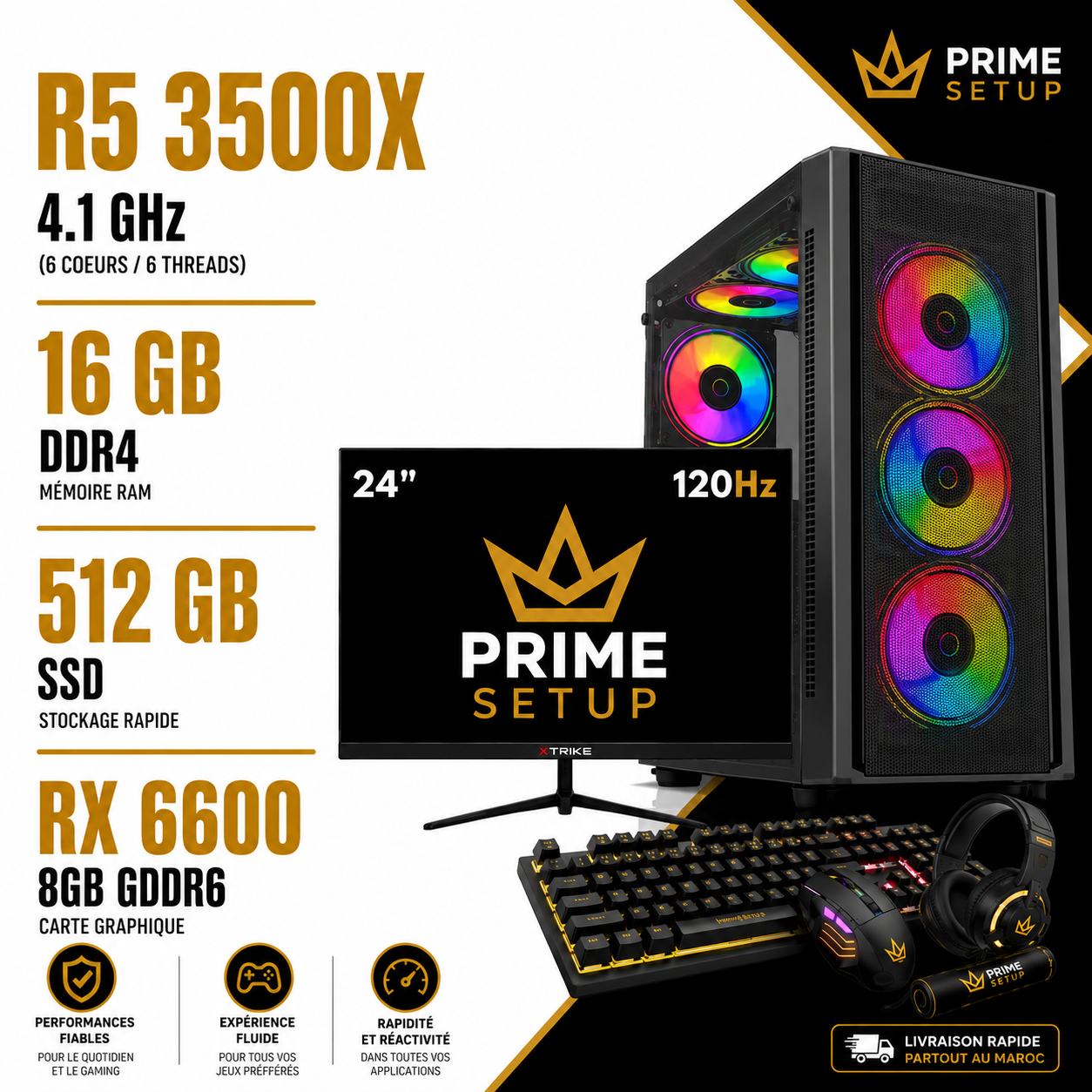 Setup Complet PC Gamer Ryzen 5 3500X / 16GB / 512GB SSD / RX 6600 8GB